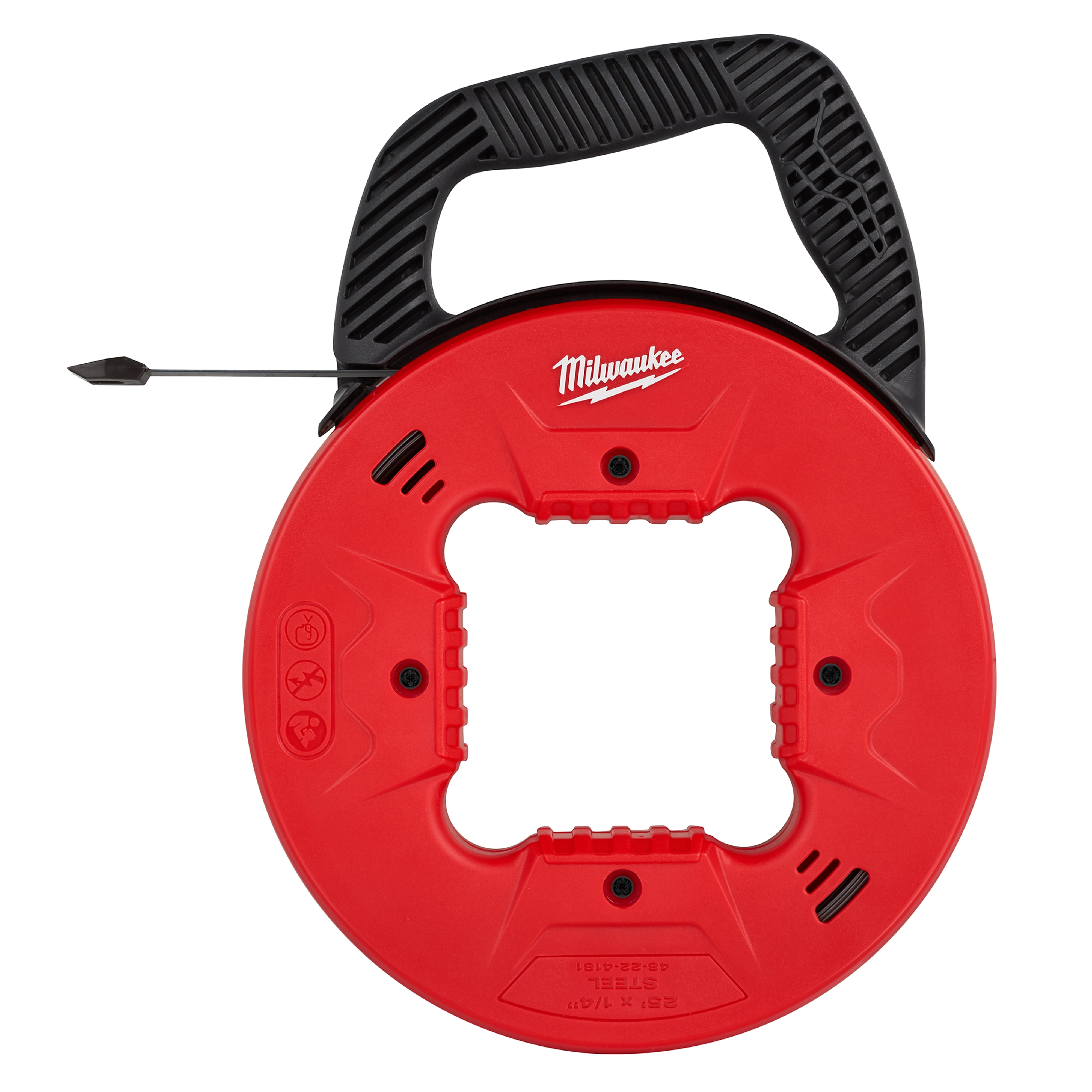 Red and black 1/4" 25' Steel Fish Tape with plastic tip featuring a handle, circular design, and branded logo at the top.