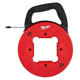 Red and black 1/4" 25' Steel Fish Tape with plastic tip featuring a handle, circular design, and branded logo at the top.
