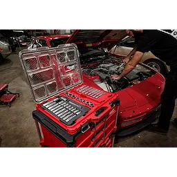 1/2” Drive Ratchet and Socket Set w/ Low-Profile PACKOUT Low-Profile Organizer