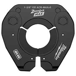 ZoomLock MAX® press ring with a 1-3/8 inch OD ACR-MAXx5 size. Circular opening is designed for pivoting applications. Black finish with engraved labels and symbols around the ring's circumference. Text includes product name and specifications for use in industry tools.