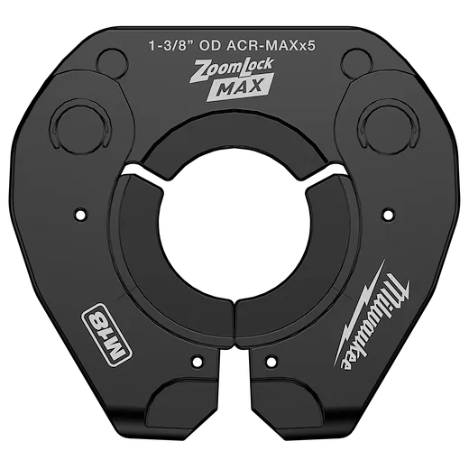 ZoomLock MAX® press ring with a 1-3/8 inch OD ACR-MAXx5 size. Circular opening is designed for pivoting applications. Black finish with engraved labels and symbols around the ring's circumference. Text includes product name and specifications for use in industry tools.