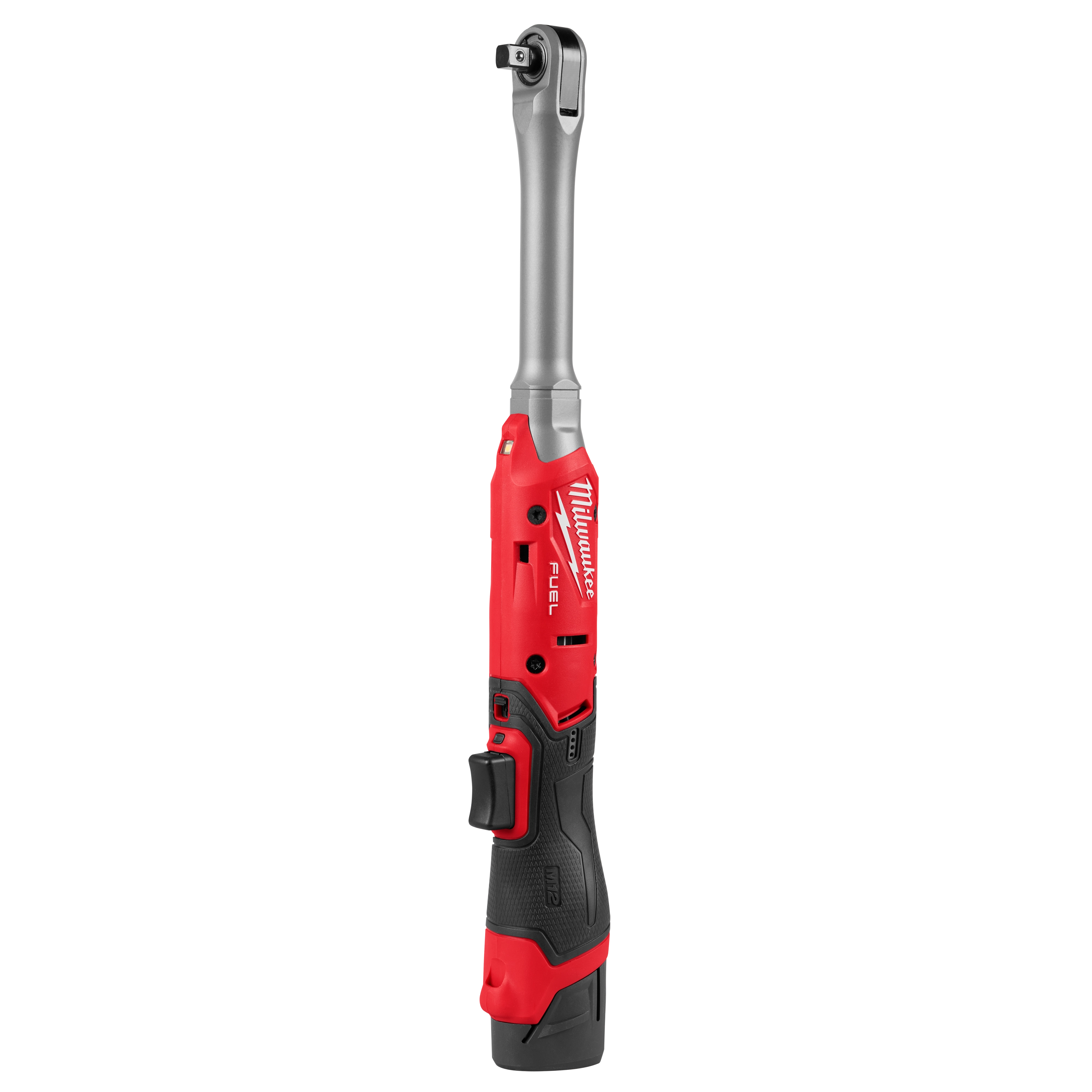 The M12 FUEL 3/8" Extended Reach Ratchet is a cordless tool featuring a long handle for better accessibility. It features an ergonomic grip, designed for professional mechanical tasks.
