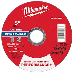 Red 5"x.045"x7/8" Performance+ Metal Cut Off Wheel Type 1 for cutting metal and stainless, showing product specifications and safety icons.