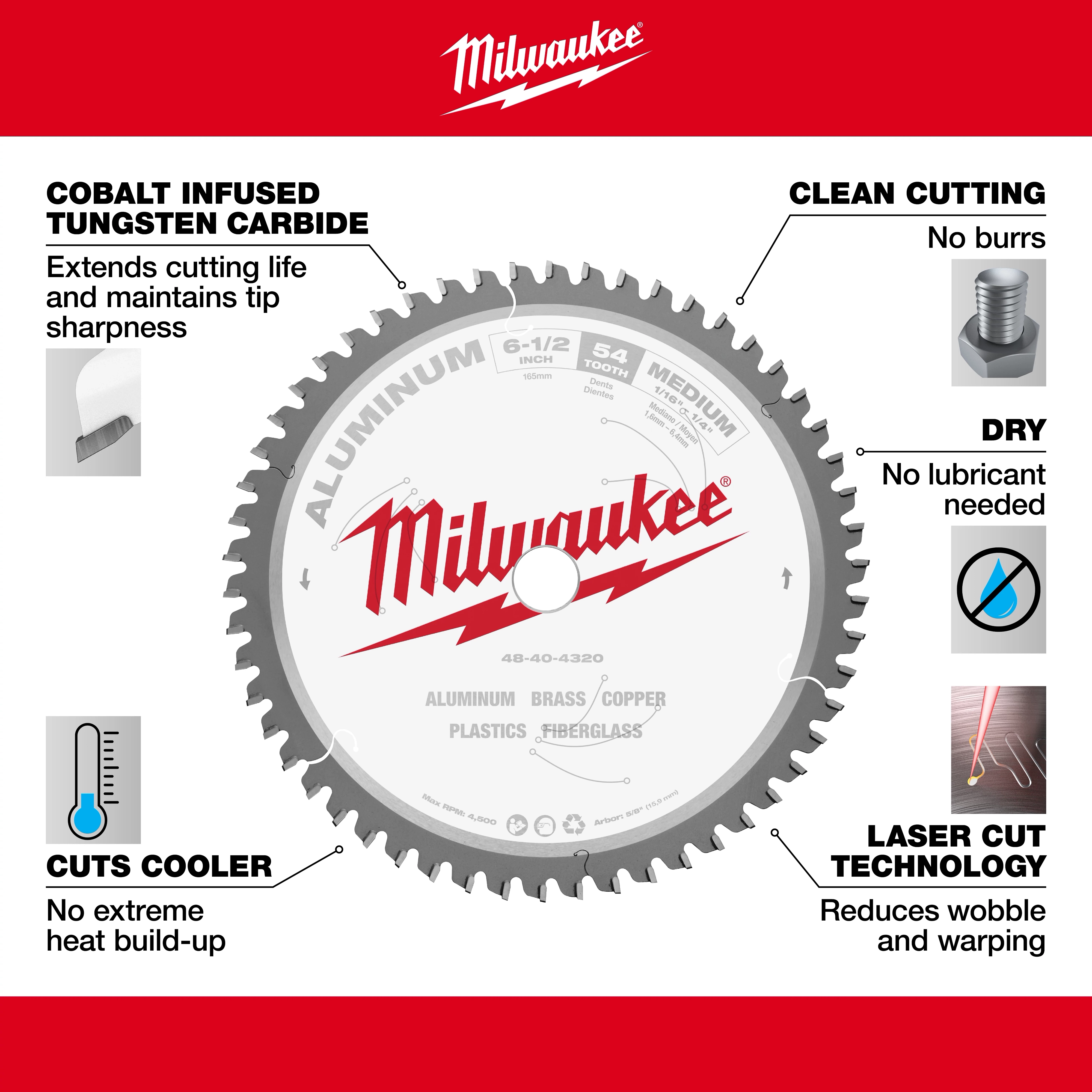 Milwaukee 48-40-4320 Walkaround saw blade with cobalt-infused tungsten carbide for extended cutting life, clean cuts, and reduced wobble.