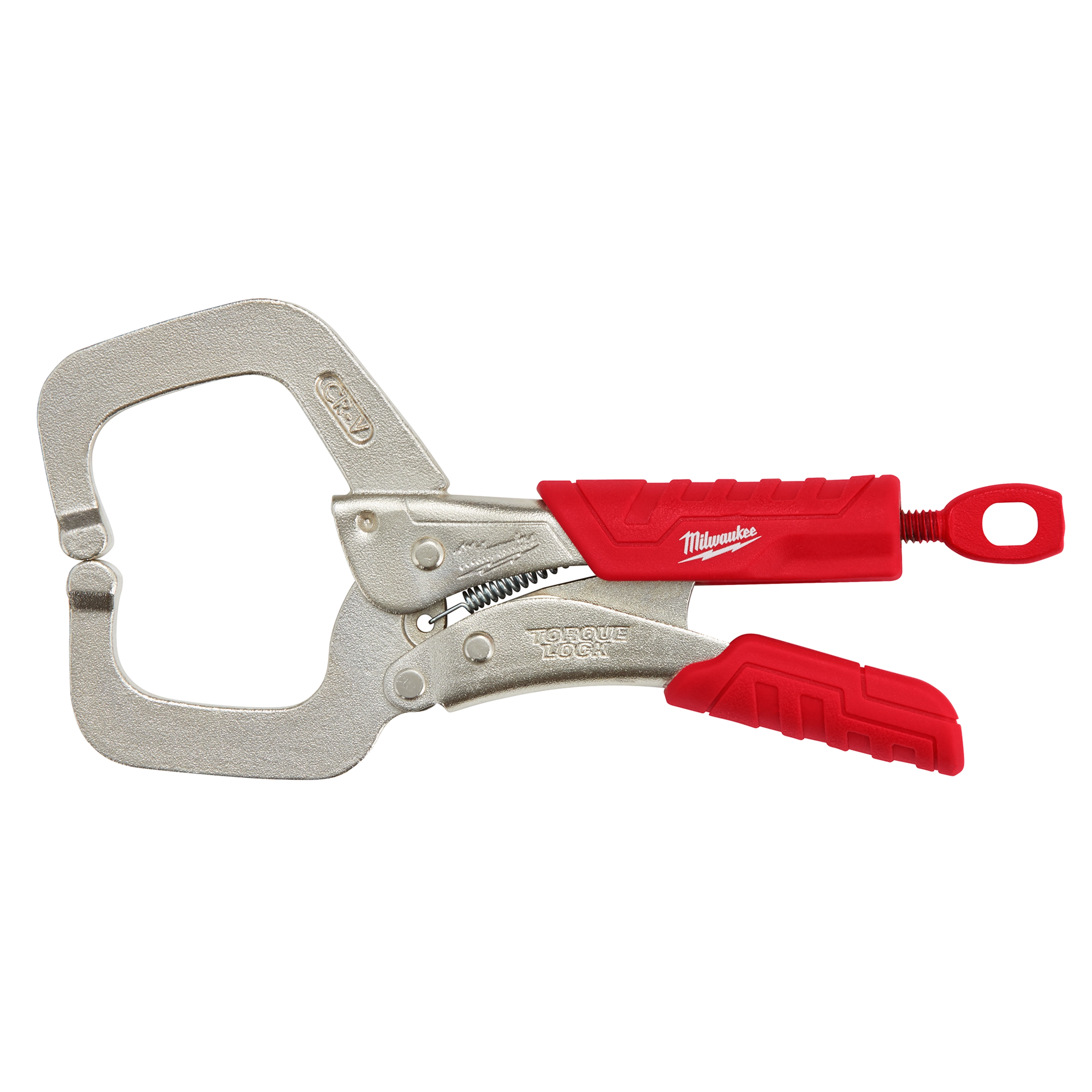 6" Torque Lock Locking C-Clamp with Regular Jaws features durable, red grip handles and a silver metal clamping mechanism. The tool is designed for secure and adjustable clamping.