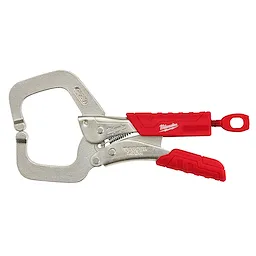 6" Torque Lock Locking C-Clamp with Regular Jaws features durable, red grip handles and a silver metal clamping mechanism. The tool is designed for secure and adjustable clamping.