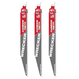 Three 9-inch, 6 teeth per inch "THE WRECKER™ with Carbide Teeth SAWZALL® Blade 3PK" are displayed vertically. All blades feature a red and gray design with "CARBIDE TEETH" and "WRECKER" branding, signifying durability for cutting multiple materials. They are made in the USA.