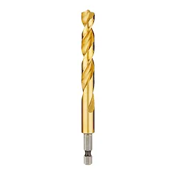 Red Helix Titanium Impact Drill Bit with a gold finish, featuring a spiral helix design and a hex shank for secure attachment.