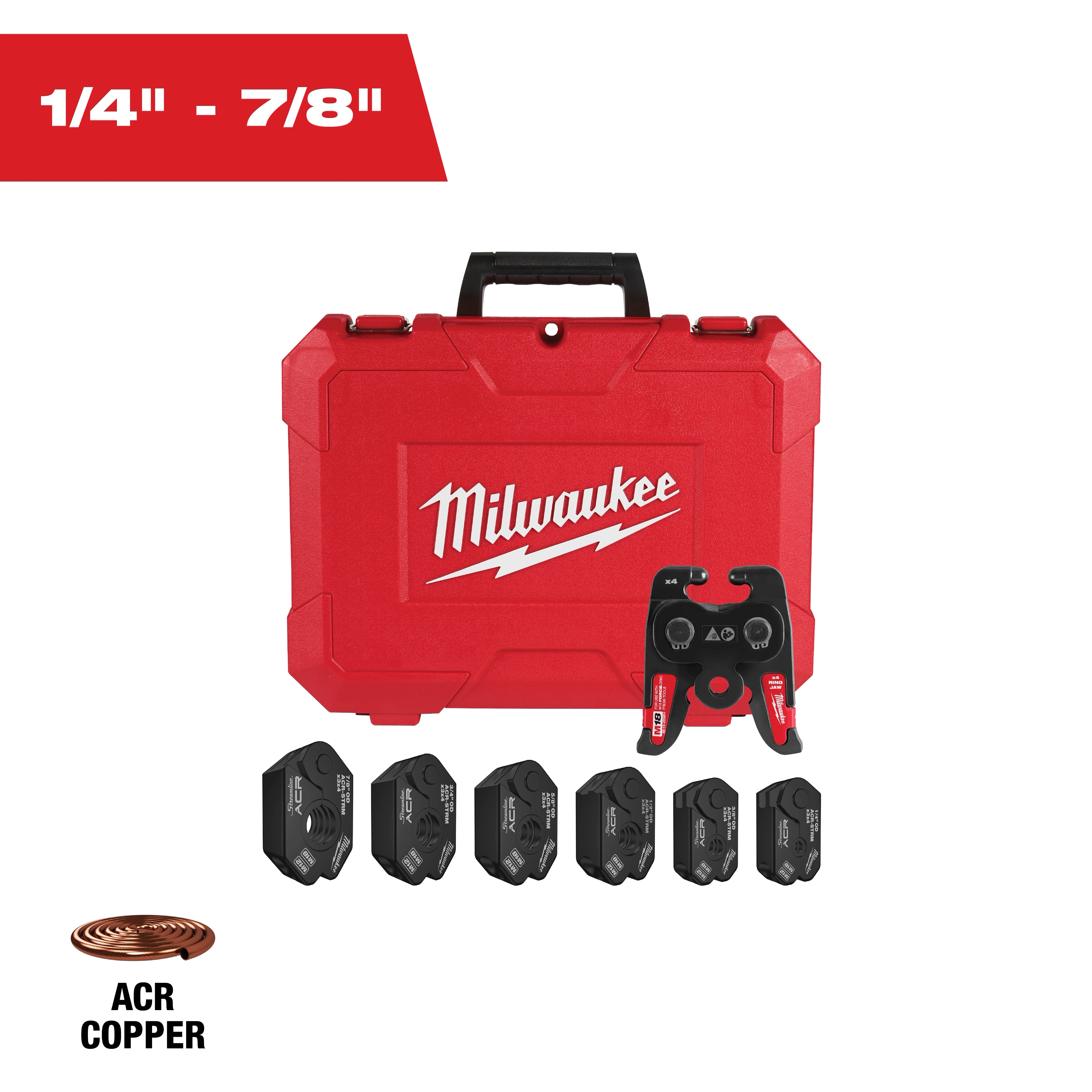 The 1/4" - 7/8" Streamline® ACR Pivoting Press Ring Kit for M18™ FORCE LOGIC™ Press Tool includes a red Milwaukee carrying case, press tool, and six black press rings. The kit is designed for pressing ACR copper connections. The case displays the Milwaukee logo prominently.
