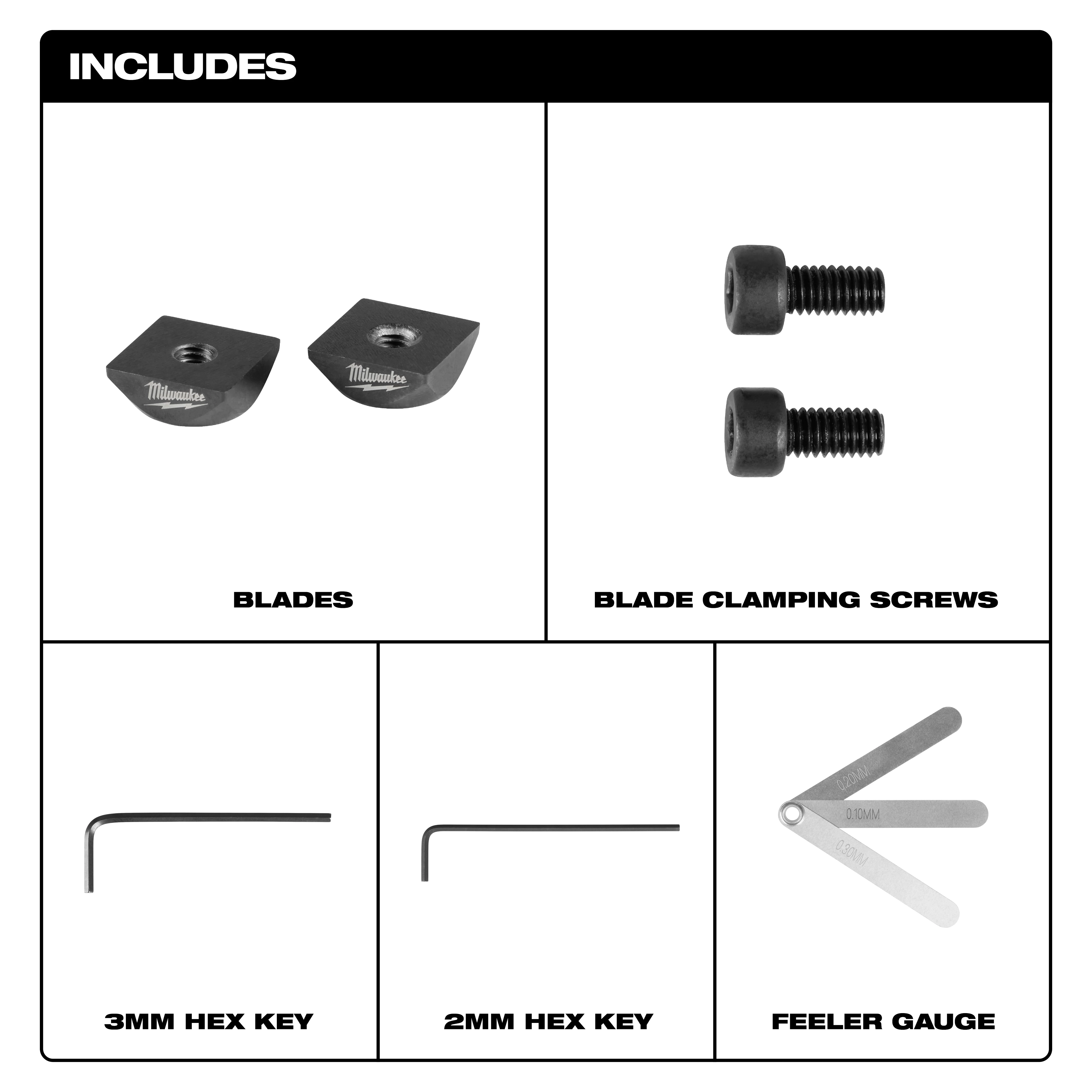 M12 FUEL 16 Gauge Scroll Shear Replacement Blade Set with blades, clamping screws, hex keys, and feeler gauge.