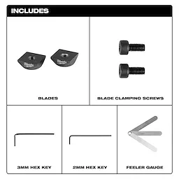 M12 FUEL 16 Gauge Scroll Shear Replacement Blade Set with blades, clamping screws, hex keys, and feeler gauge.