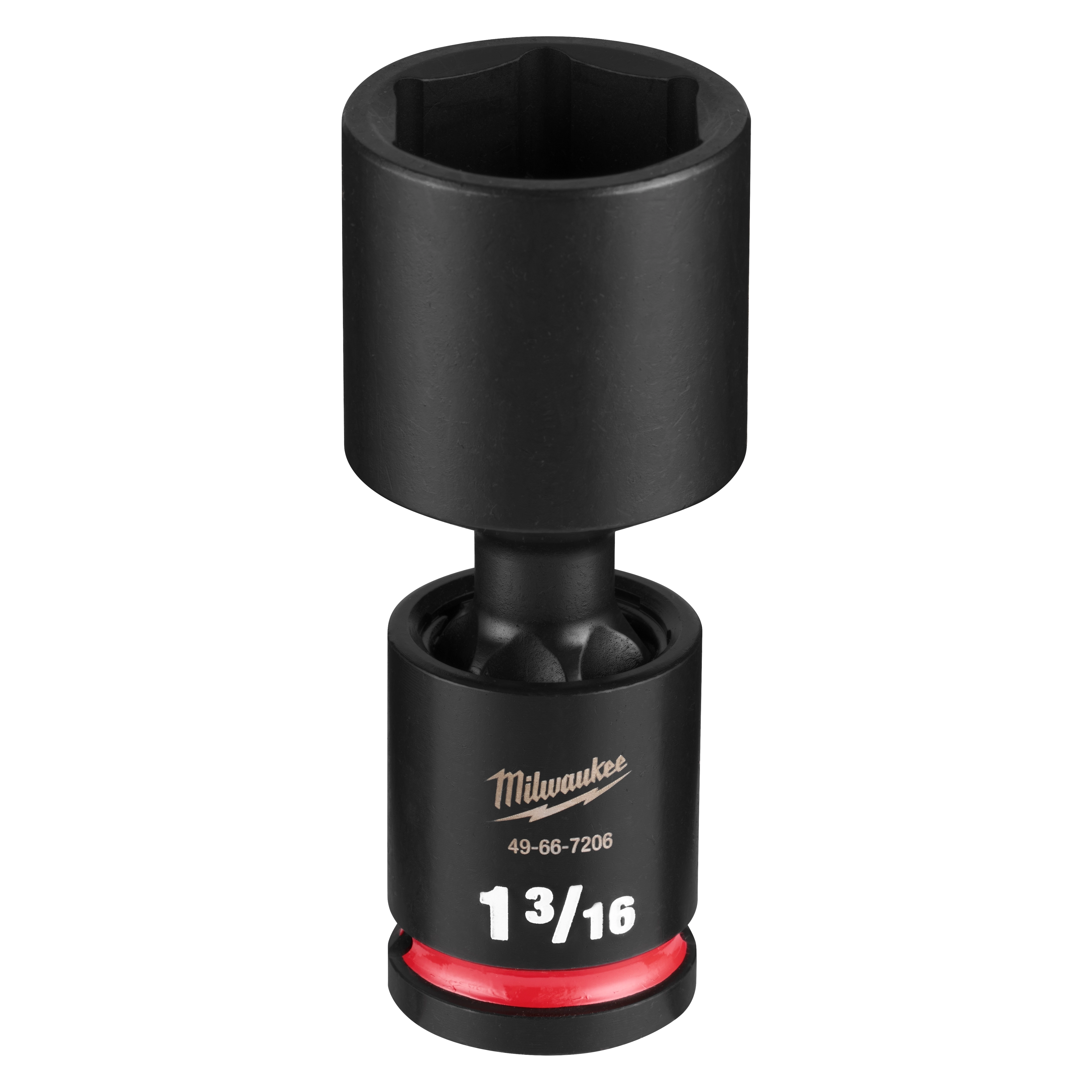 SHOCKWAVE Impact Duty 1/2" Drive 1-3/16" Deep Swivel Socket standing upright with a red band near the base..