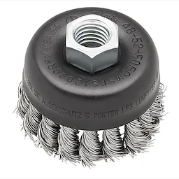 3" Knot Wire Cup Brush - Stainless Steel Block Shot with hexagonal nut attachment and twisted wire bristles for heavy-duty cleaning.