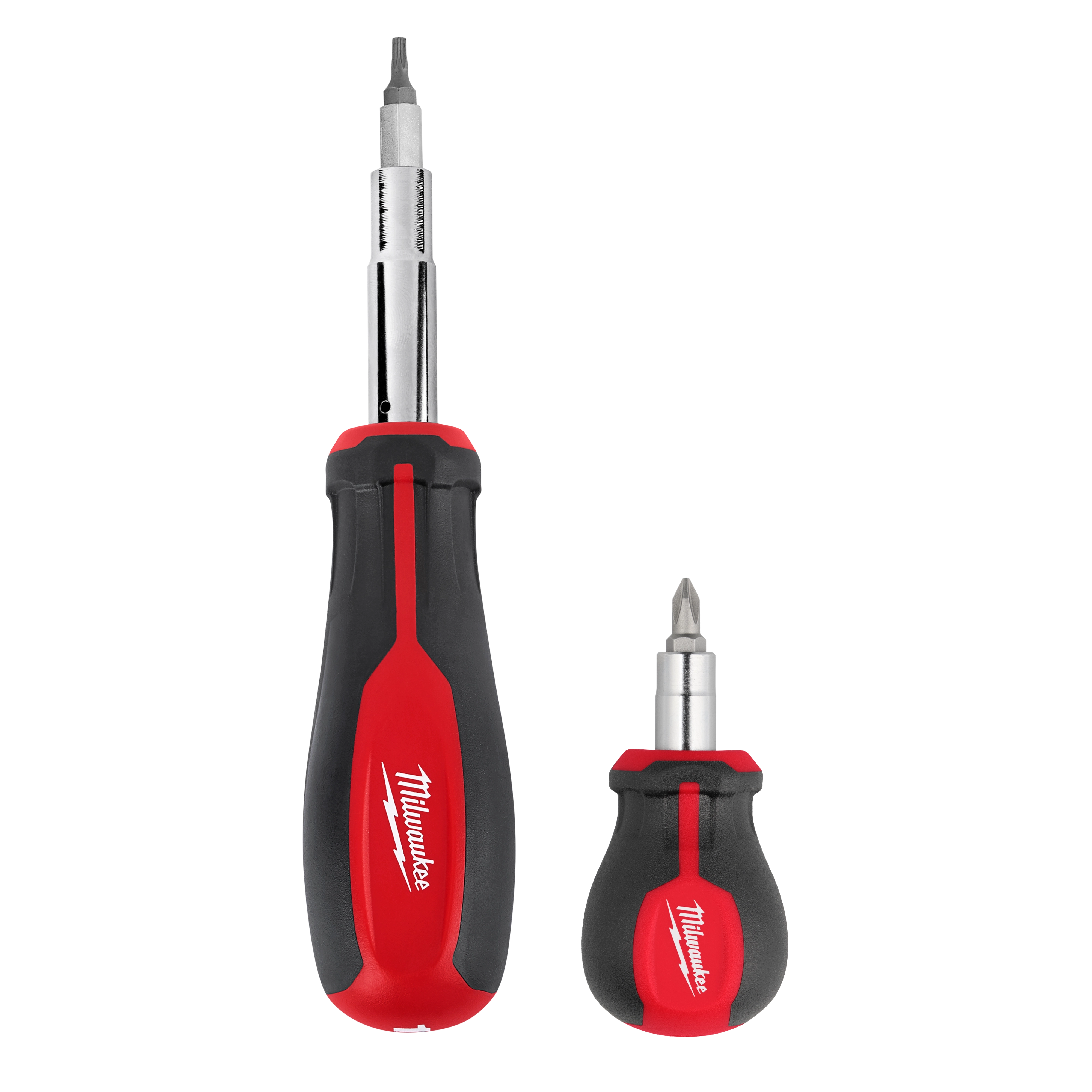 The image shows the 2 PC. Multi-Bit Screwdriver Set, featuring two red and black screwdrivers with interchangeable bits. One screwdriver is larger and the other smaller, both with Milwaukee branding.