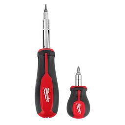 The image shows the 2 PC. Multi-Bit Screwdriver Set, featuring two red and black screwdrivers with interchangeable bits. One screwdriver is larger and the other smaller, both with Milwaukee branding.