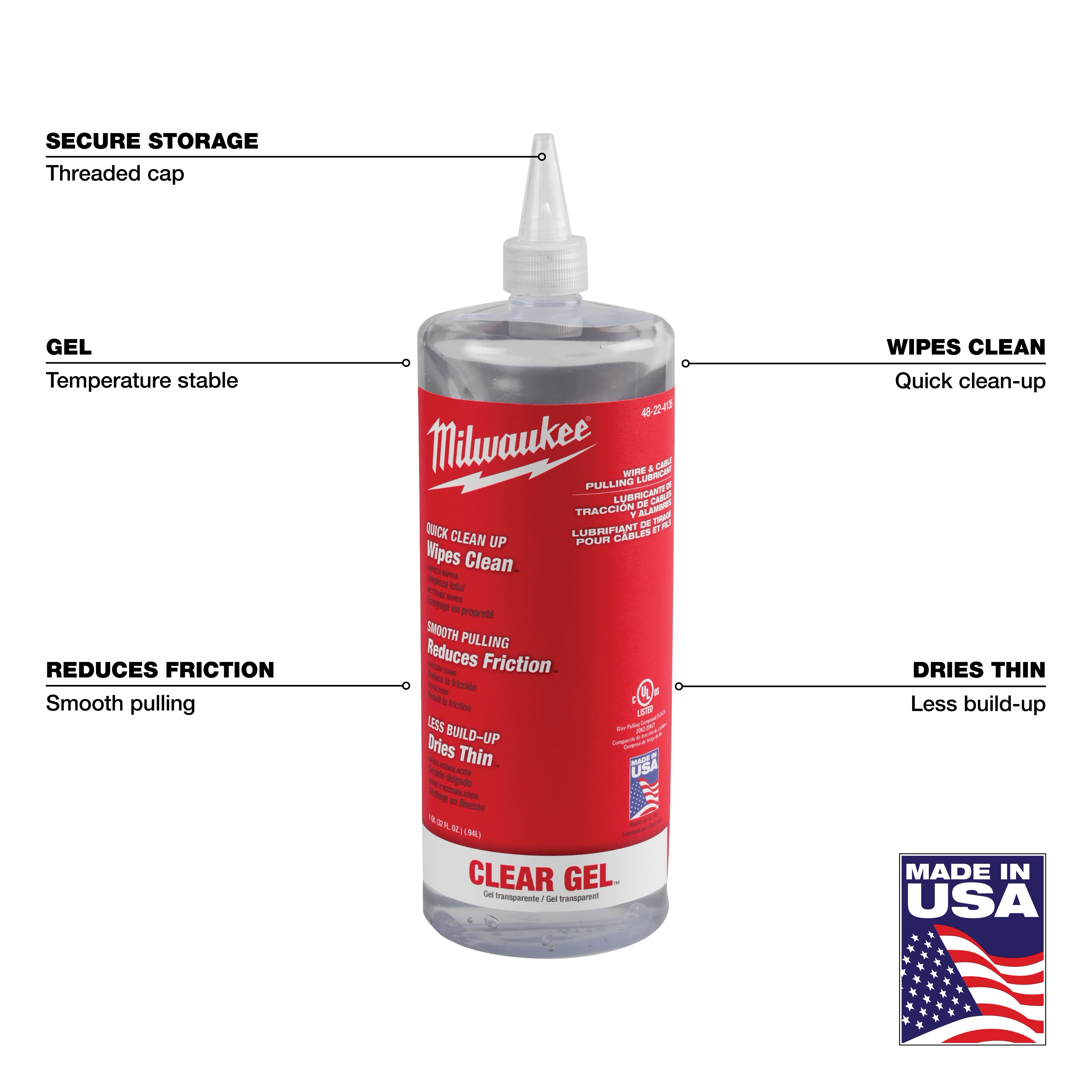 Milwaukee Wire & Cable Pulling Clear Gel Lubricant bottle, 32oz, with a threaded cap. Label indicates features like reducing friction and quick clean-up. Made in the USA.
