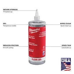 Milwaukee Wire & Cable Pulling Clear Gel Lubricant bottle, 32oz, with a threaded cap. Label indicates features like reducing friction and quick clean-up. Made in the USA.