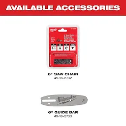 M12 FUEL HATCHET 6” Pruning Saw available accessories are a 6-inch saw chain (49-16-2732) and a 6-inch guide bar (49-16-2733).