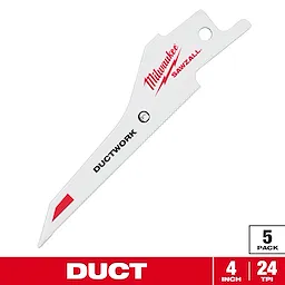 Milwaukee Sawzall ductwork blade, 4 inches long with 24 teeth per inch. The blade is white, marked with the Milwaukee logo, "DUCTWORK" text, and features a red stripe. The image indicates it is a 5-pack suitable for cutting ductwork material.