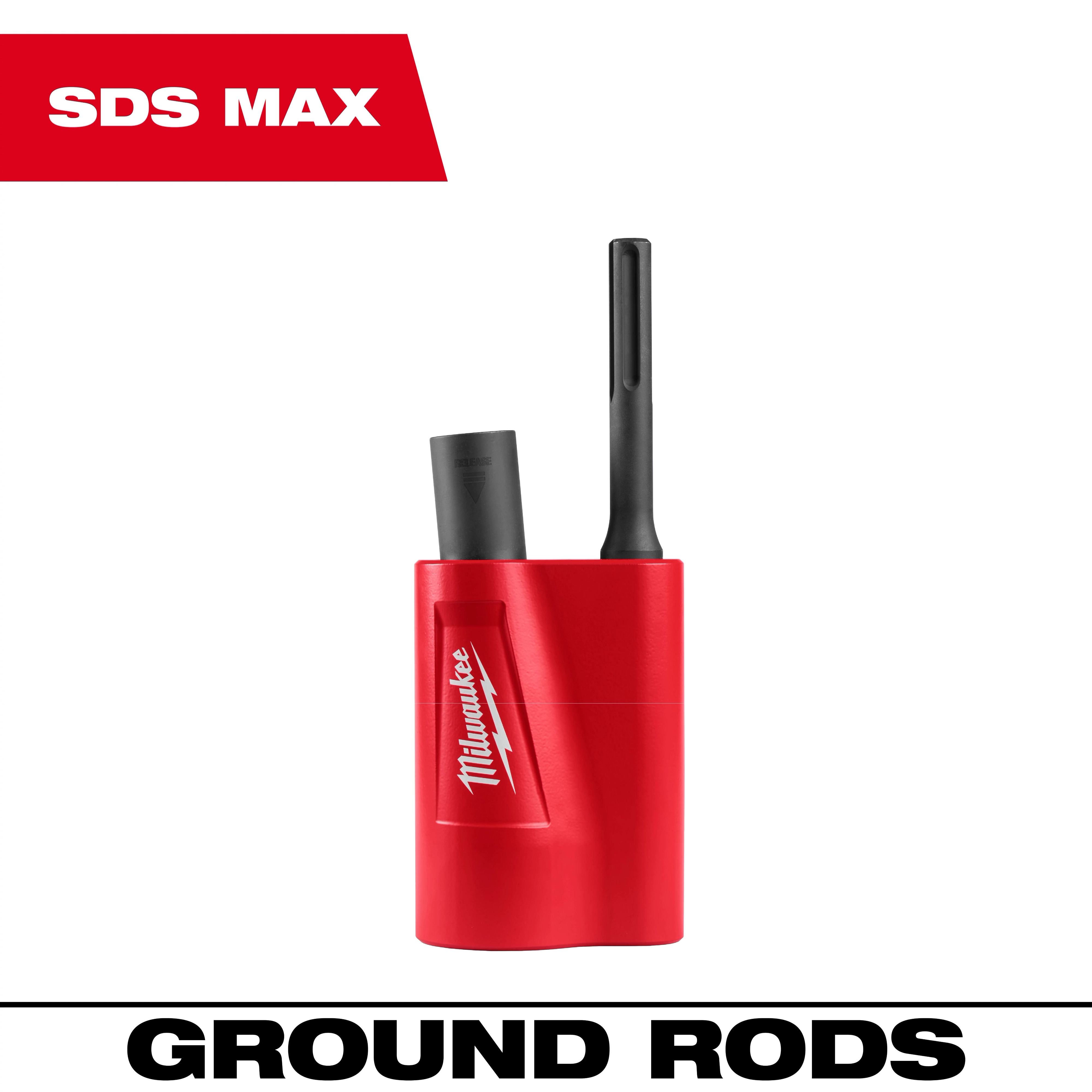 SDS Max Side Load Ground Rod Driver, a red tool with black attachments, designed for driving ground rods.