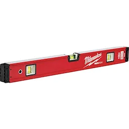 Milwaukee REDSTICK Level with a red body, three vials, and black end caps, measuring 24 inches in length.