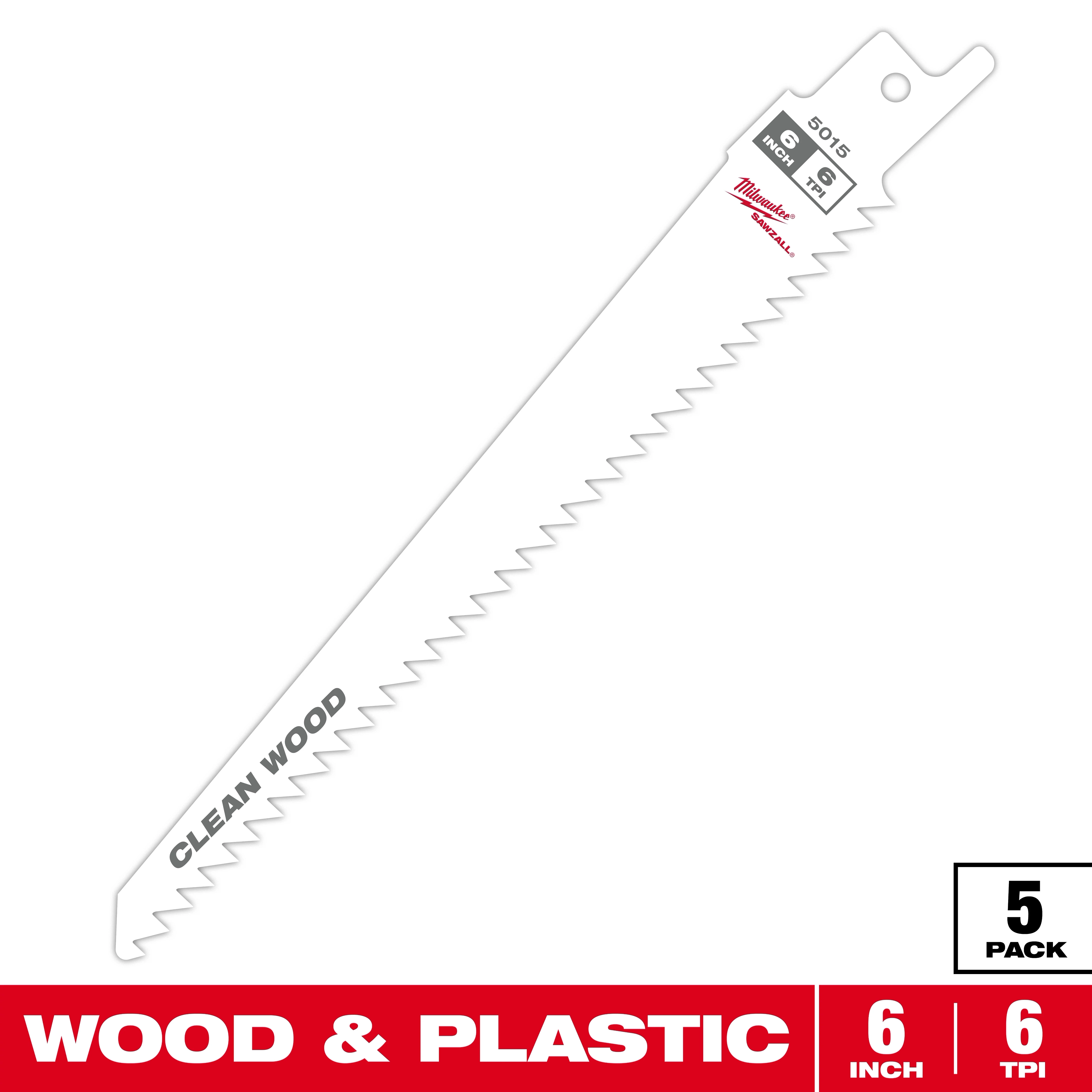 Milwaukee 6-inch wood and plastic reciprocating saw blade with 6 teeth per inch, packaged in a set of 5.