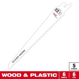 Milwaukee 6-inch wood and plastic reciprocating saw blade with 6 teeth per inch, packaged in a set of 5.