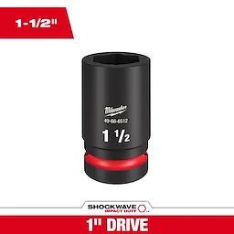 SHOCKWAVE Impact Duty 1" Drive 1-1/2" Deep 6 Point Socket in black with white markings and a red band near the base.