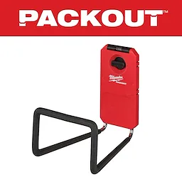 Red PACKOUT Wide Hook with black padded hook section and locking mechanism. The background features a large PACKOUT logo with red and white colors.