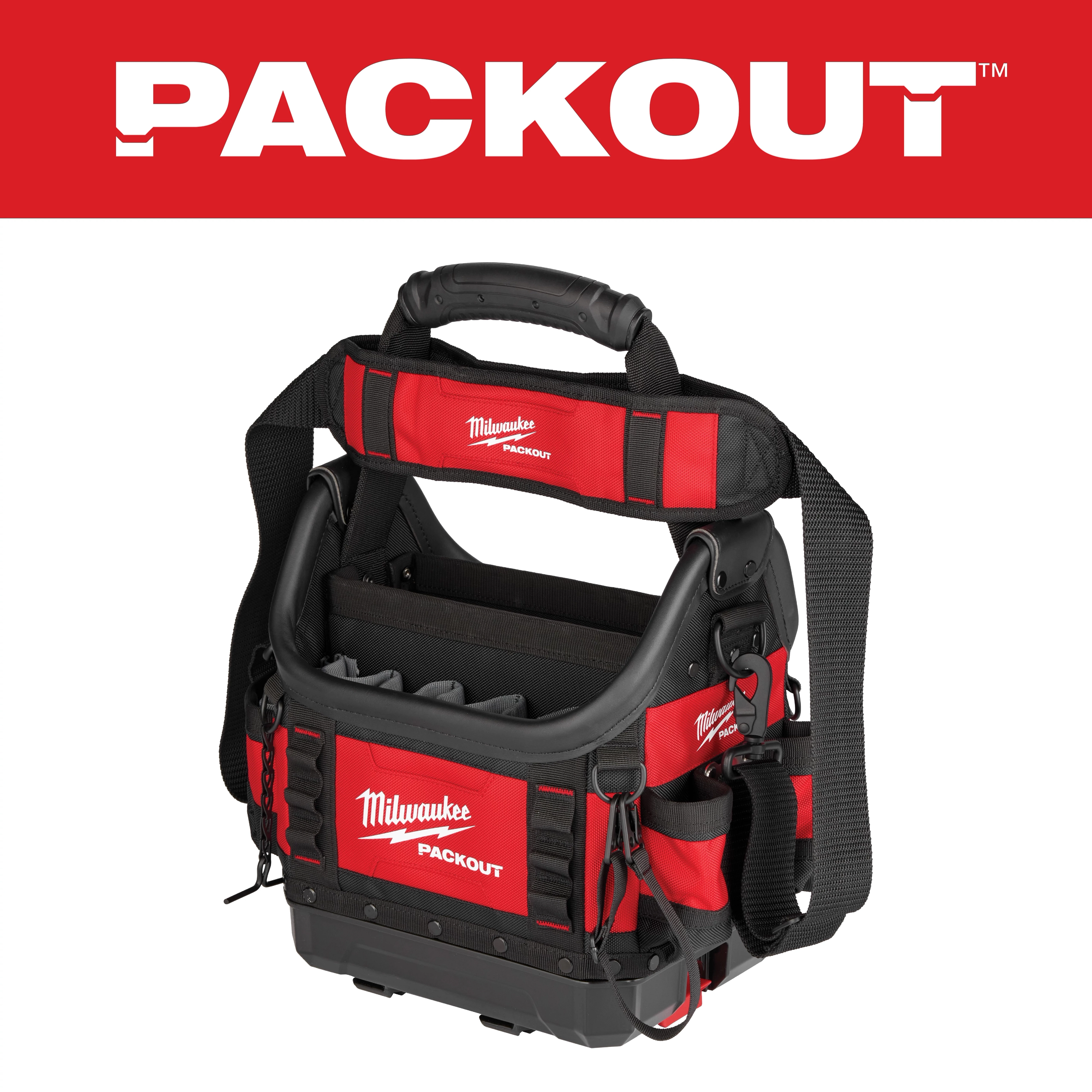 Milwaukee PACKOUT Tool Bag, featuring a rigid base, reinforced sides, multiple pockets, and a padded handle, in red and black.