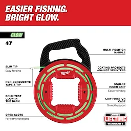 40' Glow Fish Tape with slim tip for easy feeding, non-conductive tape, and a multi-position handle for versatile use.