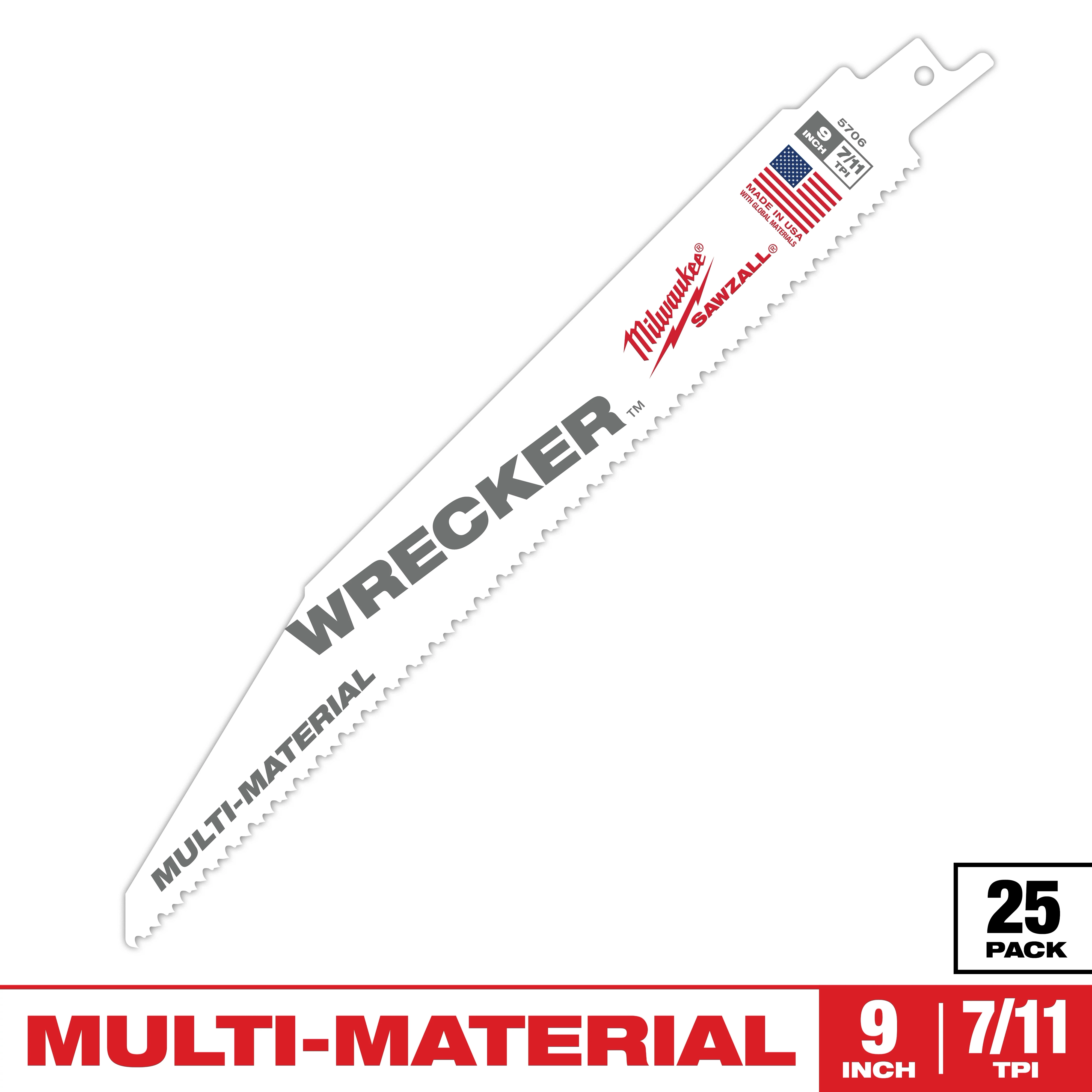 The Sawzall Bi-Metal Carbide Wrecking Blade is a 9-inch multi-material cutting blade with 7/11 TPI. It is white with black and red text, showing the American flag and a pack count of 25.