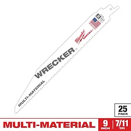 The Sawzall Bi-Metal Carbide Wrecking Blade is a 9-inch multi-material cutting blade with 7/11 TPI. It is white with black and red text, showing the American flag and a pack count of 25.
