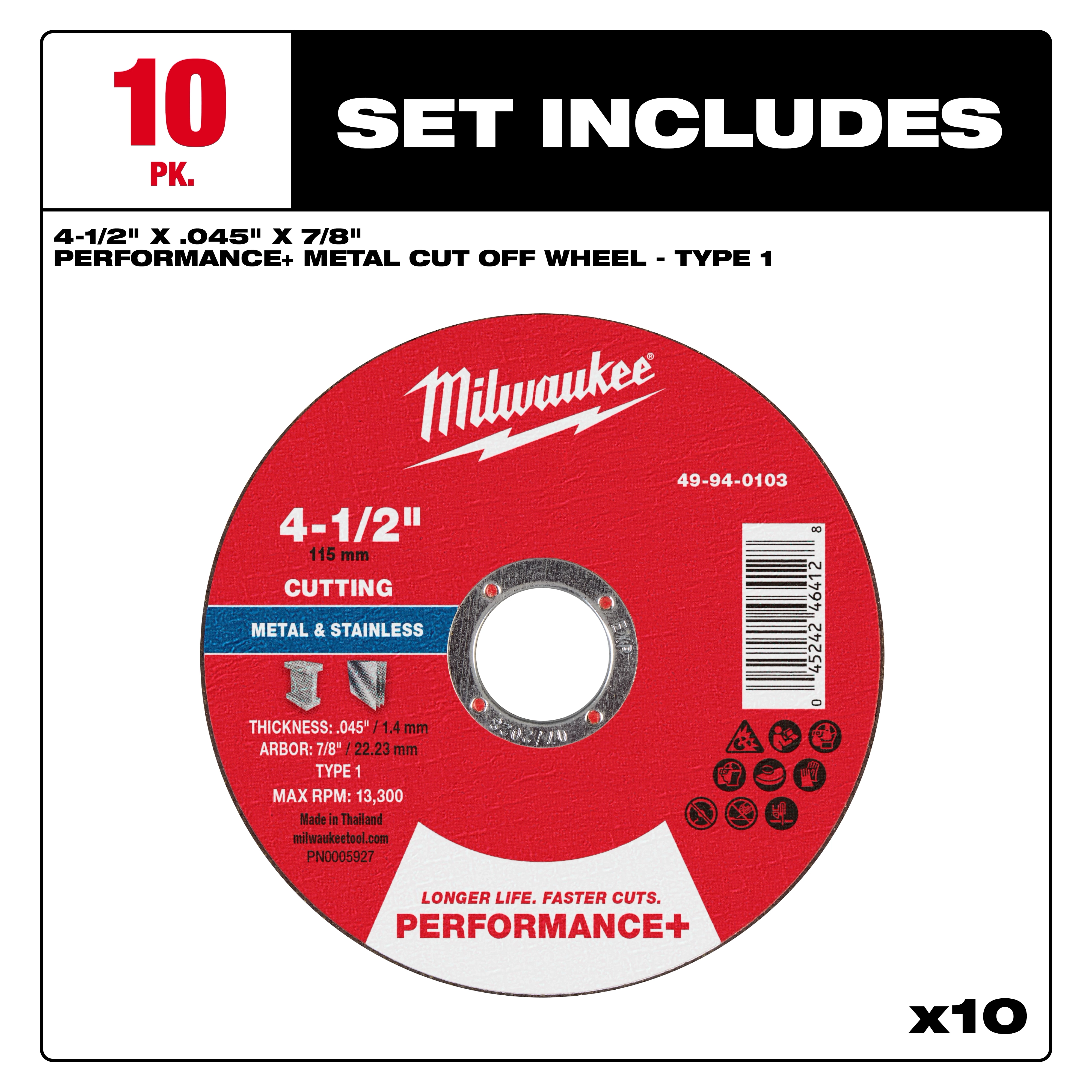 Performance+ Metal Cut Off Wheel, Type 1, 4-1/2" x .045" x 7/8", 10-pack. Red circular wheel with specifications and barcode.