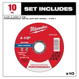 Performance+ Metal Cut Off Wheel, Type 1, 4-1/2" x .045" x 7/8", 10-pack. Red circular wheel with specifications and barcode.