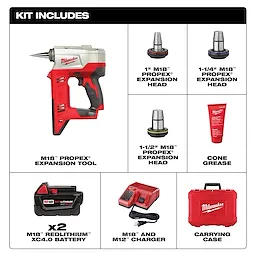 Milwaukee M18 ProPEX Expansion Tool Kit includes tool, expansion heads, cone grease, two batteries, charger, and carrying case.