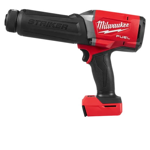 Red and black Milwaukee M18 FUEL STRIKER Hammer Chisel with ergonomic grip and battery pack. Designed for precision and power.