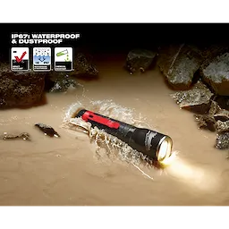 App%20Shot%20with%20overlay showing waterproof and dustproof flashlight illuminated in muddy water, demonstrating its durability.