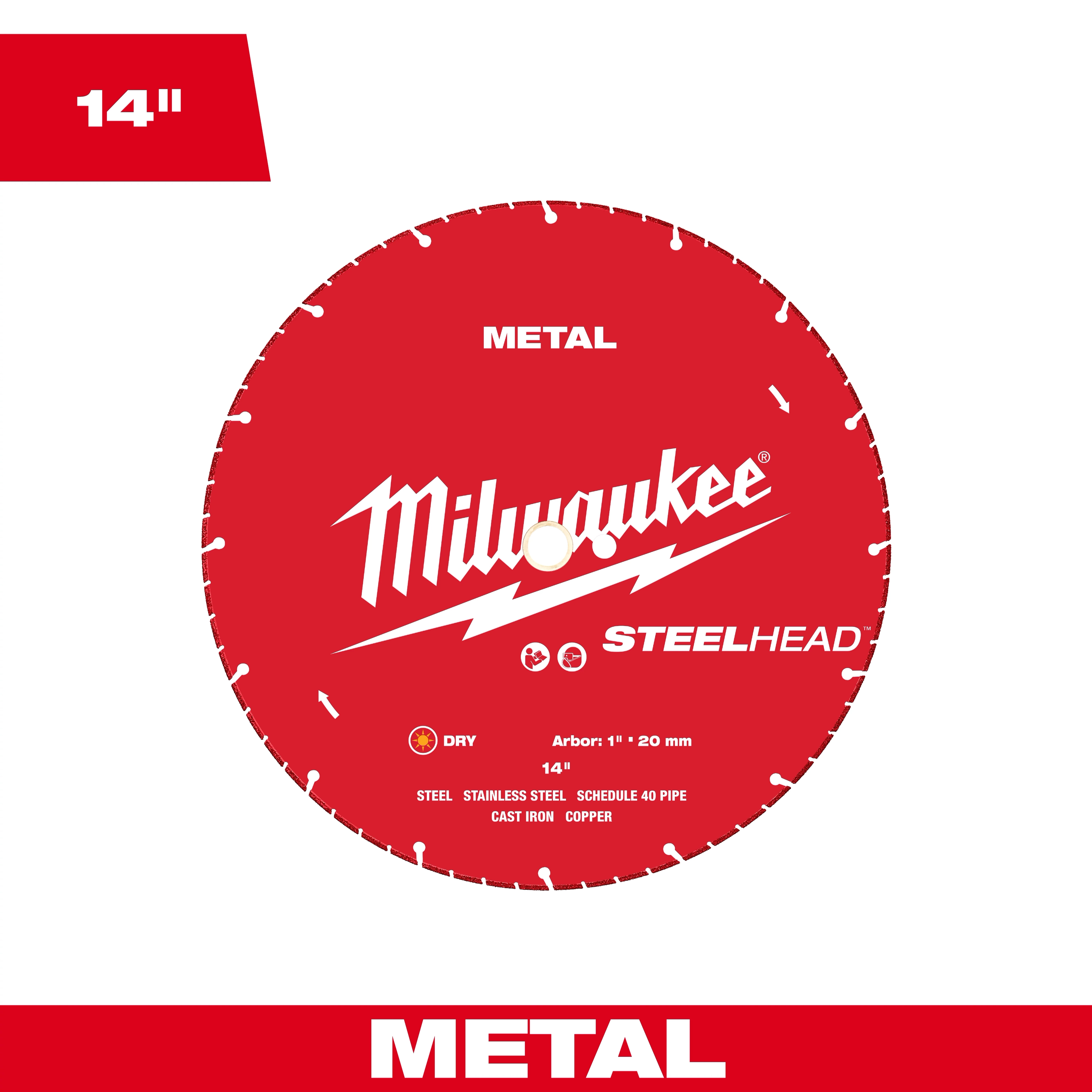 Milwaukee 14” STEELHEAD™ Metal Cutting Diamond Blade is red with white text. It is suitable for cutting steel, stainless steel, Schedule 40 pipe, cast iron, and copper. The blade has a 1-inch arbor size and operates dry. It is designed for heavy-duty metal cutting applications.