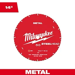 Milwaukee 14” STEELHEAD™ Metal Cutting Diamond Blade is red with white text. It is suitable for cutting steel, stainless steel, Schedule 40 pipe, cast iron, and copper. The blade has a 1-inch arbor size and operates dry. It is designed for heavy-duty metal cutting applications.