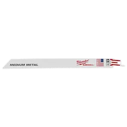 9" 18 TPI SAWZALL® Blade for Medium Metal Bulk is a white reciprocating saw blade designed for medium metal cutting. The blade features the brand's logo in red and an American flag design next to the specifications, indicating it's made in the USA.