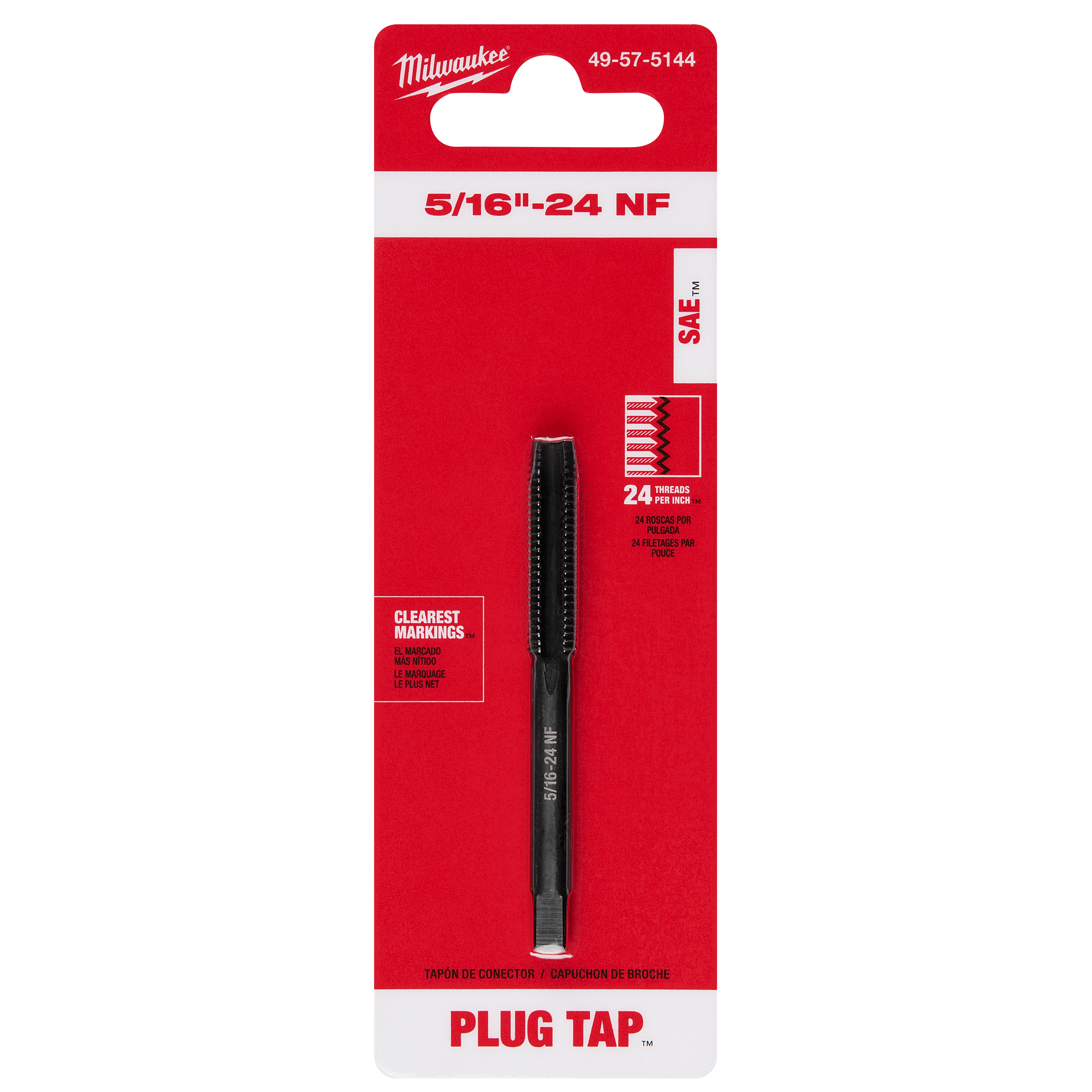 5/16"-24 NF Straight Flute Plug Tap in black, packaged on a red card with product details and clear markings stated.