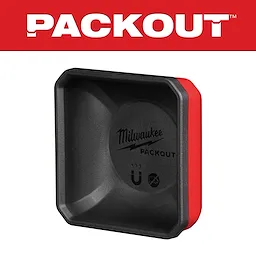 Milwaukee Packout magnet tray shown in black with a red border. The background features a red banner with the Packout logo in white.