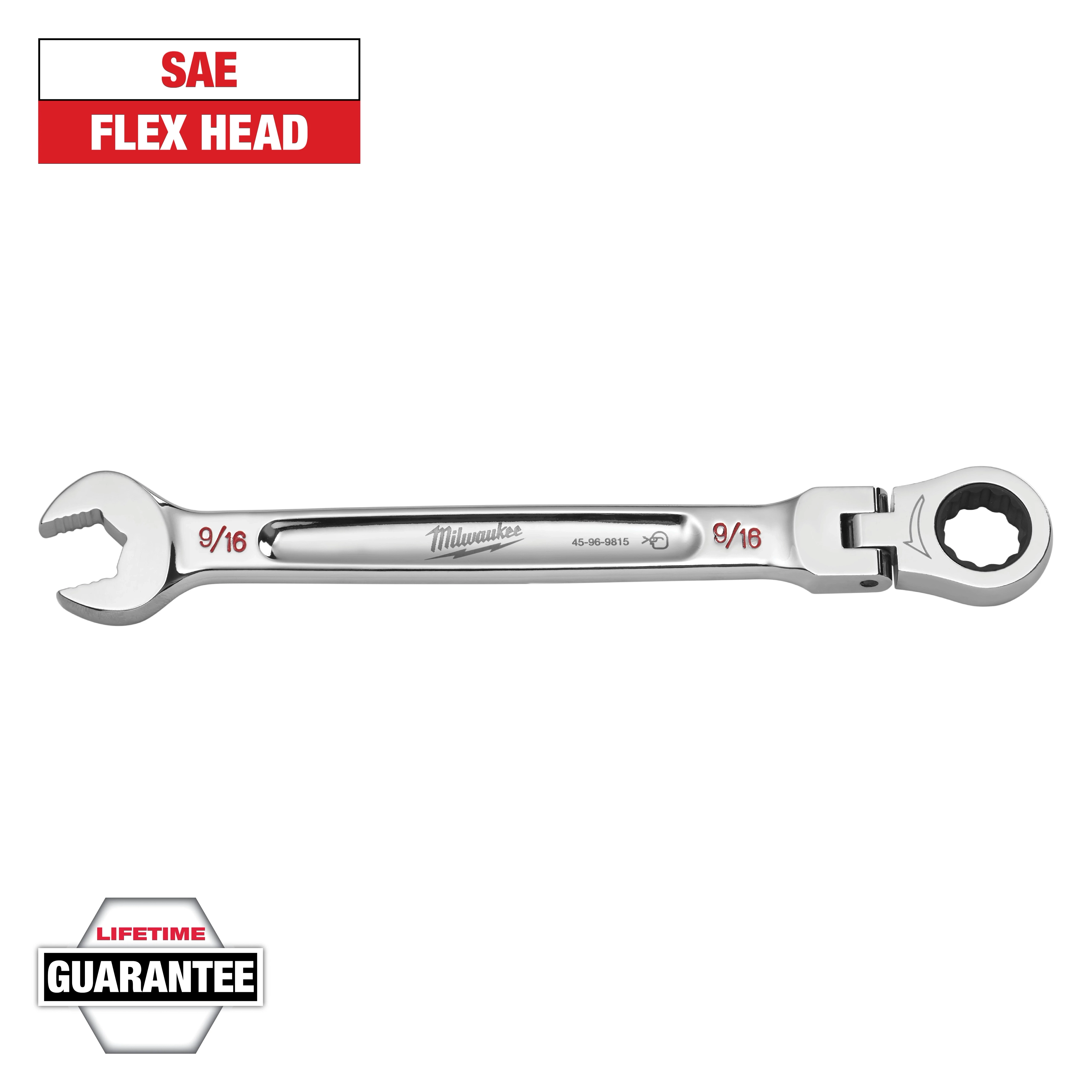 This image shows a Milwaukee 9/16 SAE flex head wrench with a lifetime guarantee. The wrench has an open-end and a ratcheting end. The text "SAE FLEX HEAD" and "LIFETIME GUARANTEE" is displayed above and below the wrench.