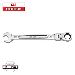 This image shows a Milwaukee 9/16 SAE flex head wrench with a lifetime guarantee. The wrench has an open-end and a ratcheting end. The text "SAE FLEX HEAD" and "LIFETIME GUARANTEE" is displayed above and below the wrench.