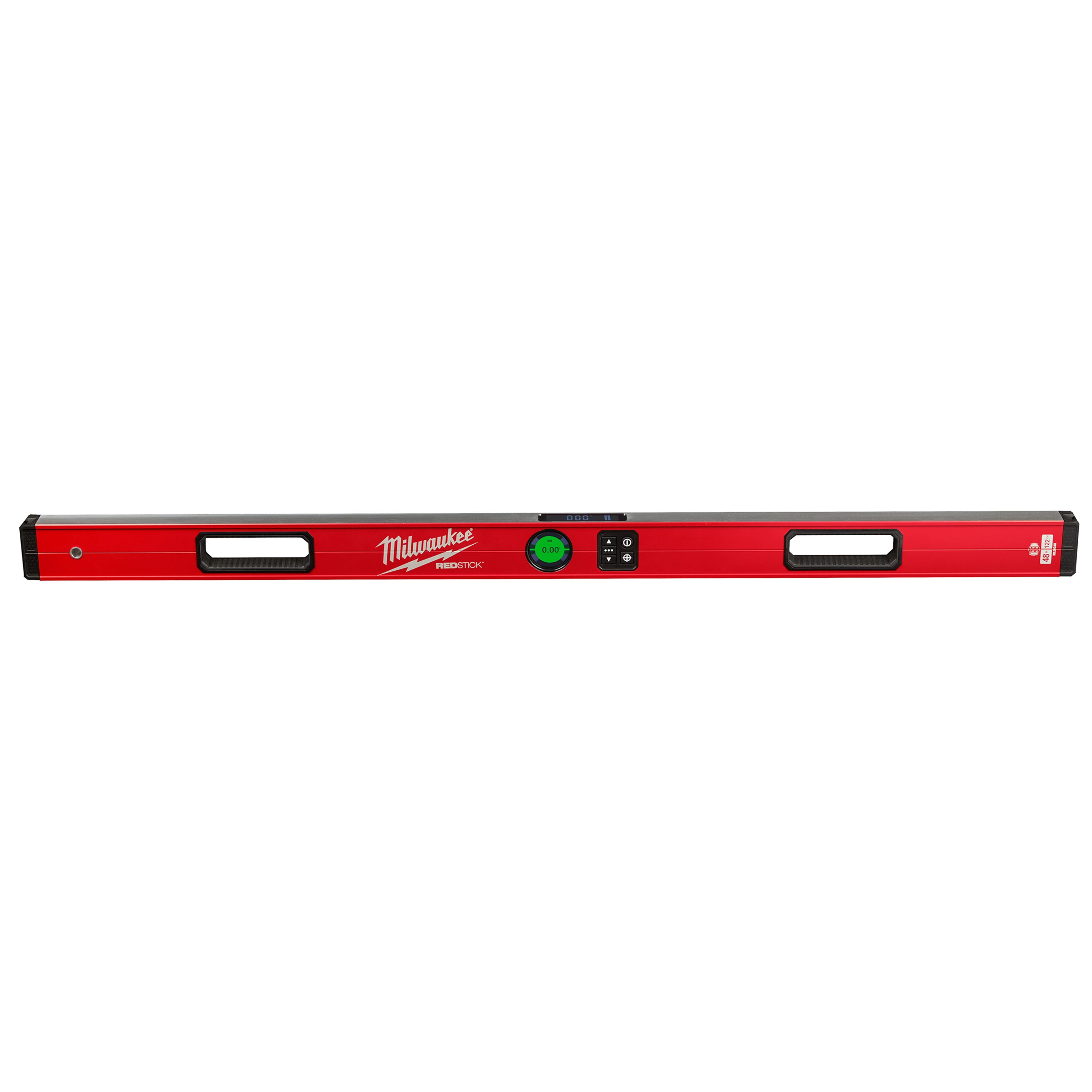 Milwaukee REDSTICK Digital Level with PINPOINT Measurement Technology featuring a red body, digital display, and bubble level.