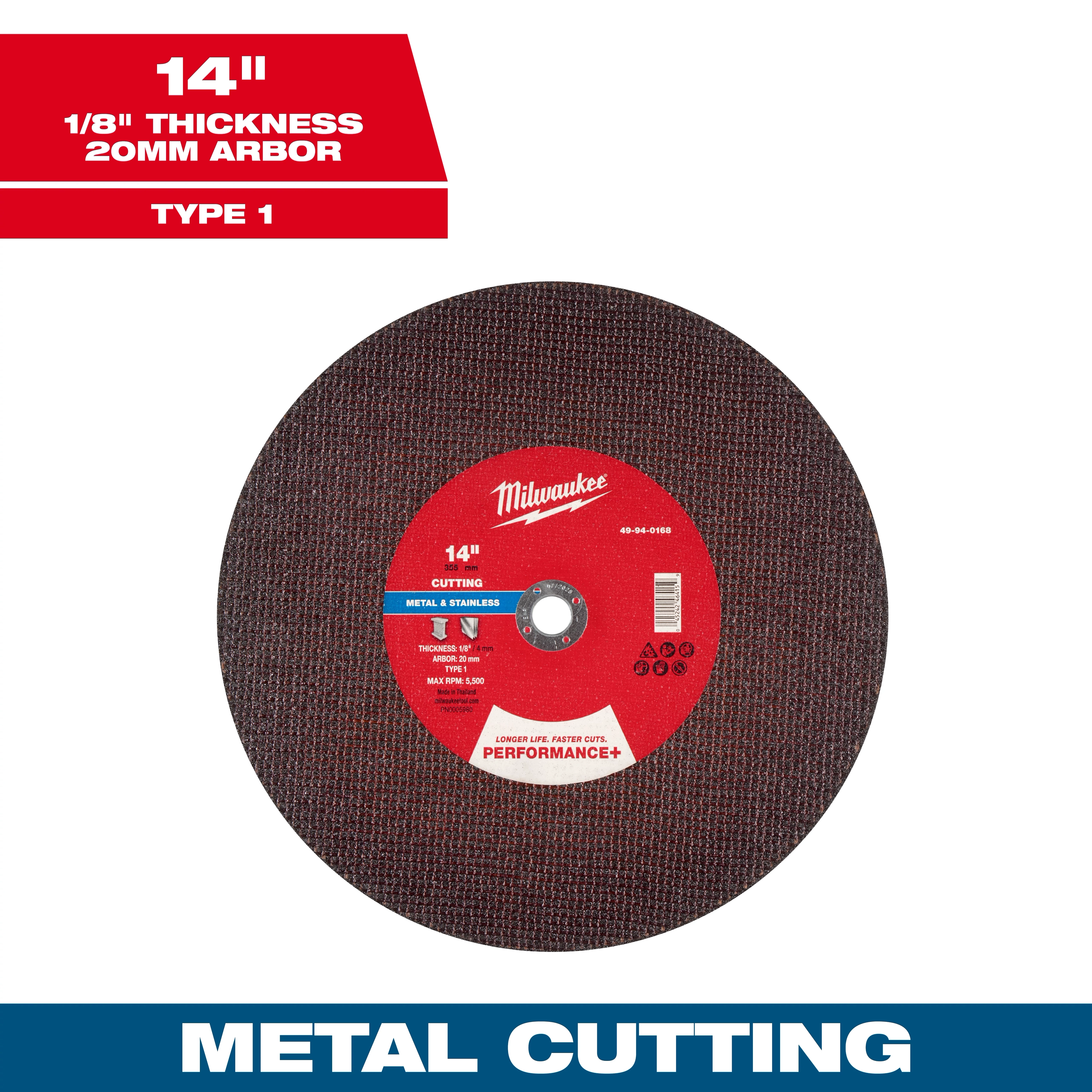 14" x 1/8" x 20mm Performance+ Metal Cut Off Wheel - Type 1, suitable for cutting metal and stainless steel. Red and brown.