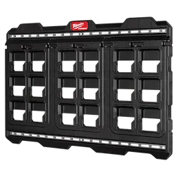 Milwaukee PACKOUT Large Wall Plate, a black rectangular organizer with multiple slots for tool storage, featuring a red logo on top.