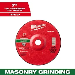 7" x 1/4" x 7/8" Masonry Grinding Wheel - Type 27 is a red circular grinding wheel with product specifications and branding.
