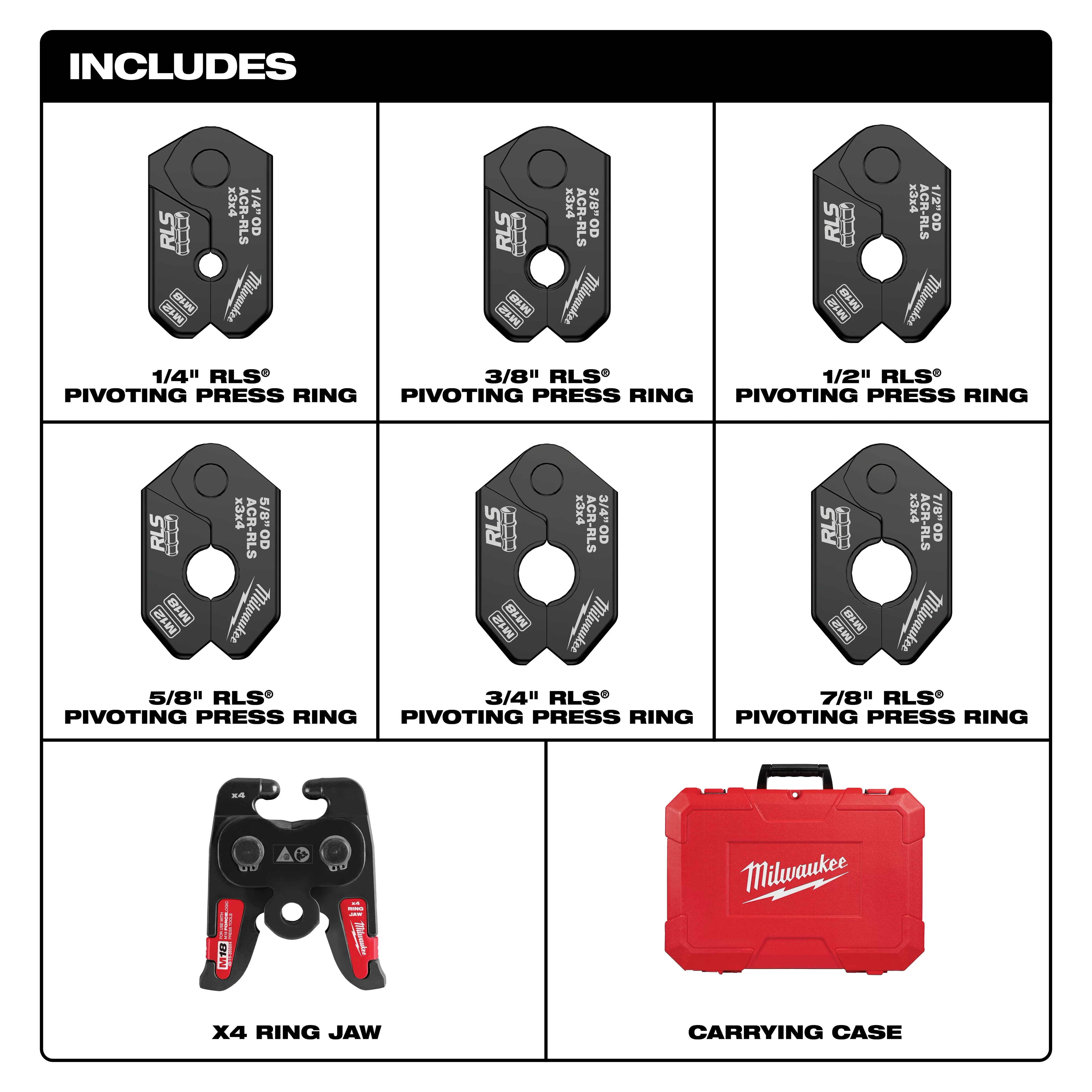 The 1/4" - 7/8" RLS® Pivoting Press Ring Kit for M18™ FORCE LOGIC™ Press Tool includes pivoting press rings of various sizes, an X4 ring jaw, and a red carrying case.